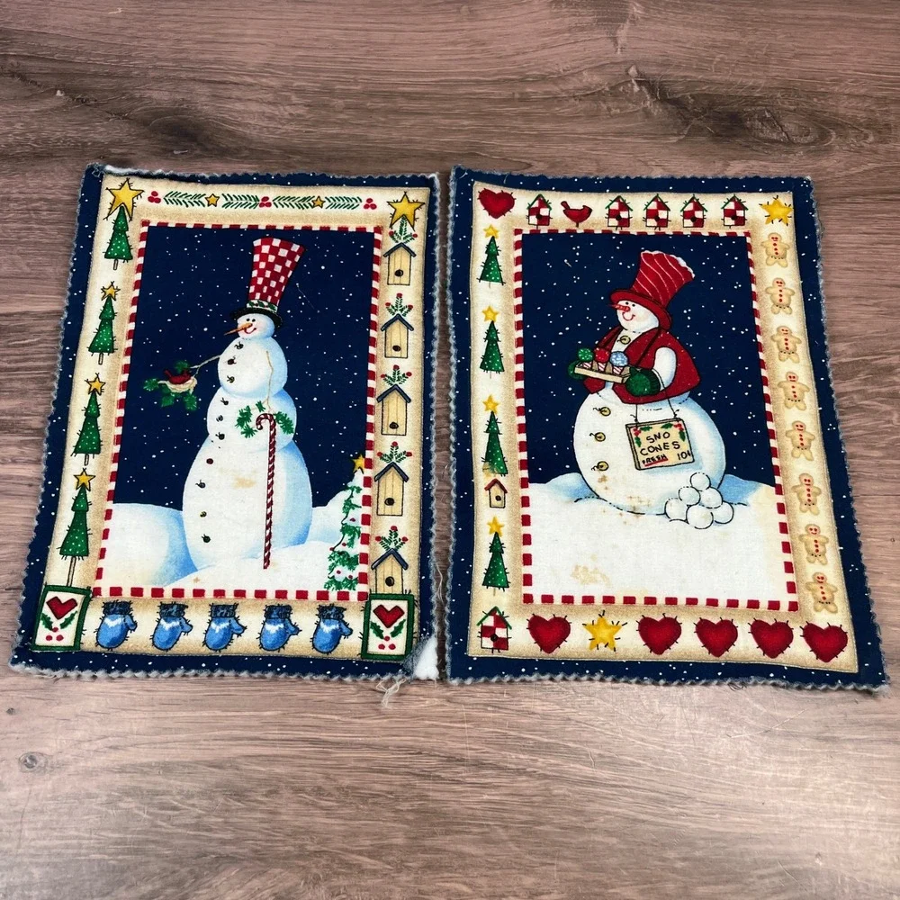 Handmade Trivet Potholder Set of 2Navy Snowman Folk Art Quilted Winter Holiday
